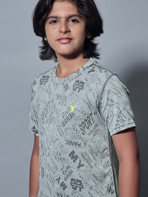 Boys Self Design Slim Fit Crew Neck T-shirt with DOUBLE COOL