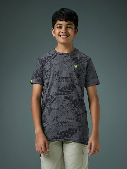 Boys Self Design Slim Fit Crew Neck T-shirt with DOUBLE COOL