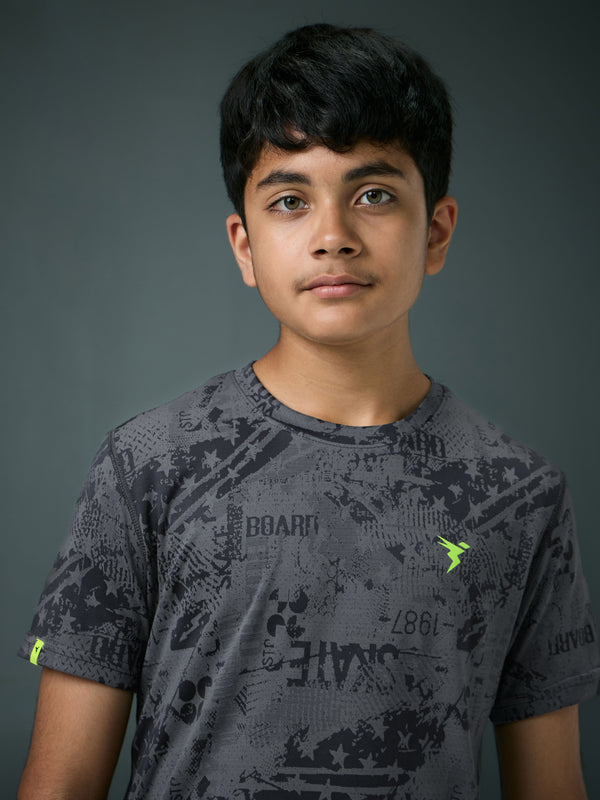 Boys Self Design Slim Fit Crew Neck T-shirt with DOUBLE COOL