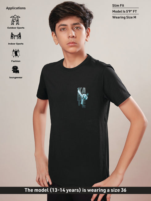 Boys Printed Slim Fit Round Neck Sports T-shirt with COTFLEX