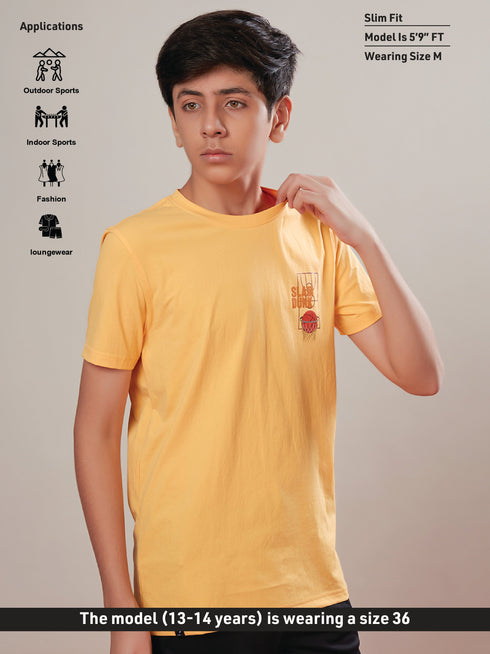 Boys Printed Slim Fit Round Neck Sports T-shirt with COTFLEX