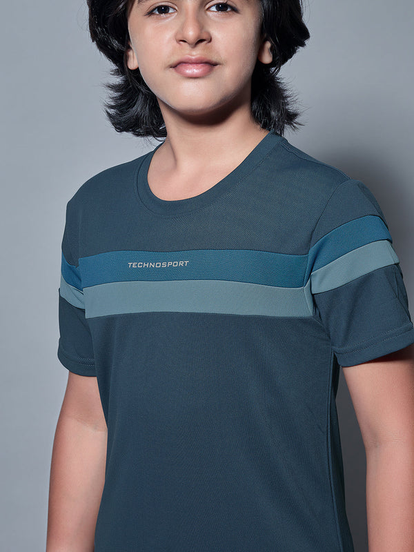 Boys Colorblock Slim Fit Round Neck Sports T-shirt with TECHNO DRY