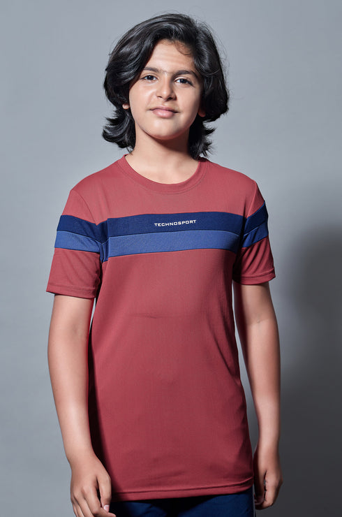 Boys Colorblock Slim Fit Round Neck Sports T-shirt with TECHNO DRY