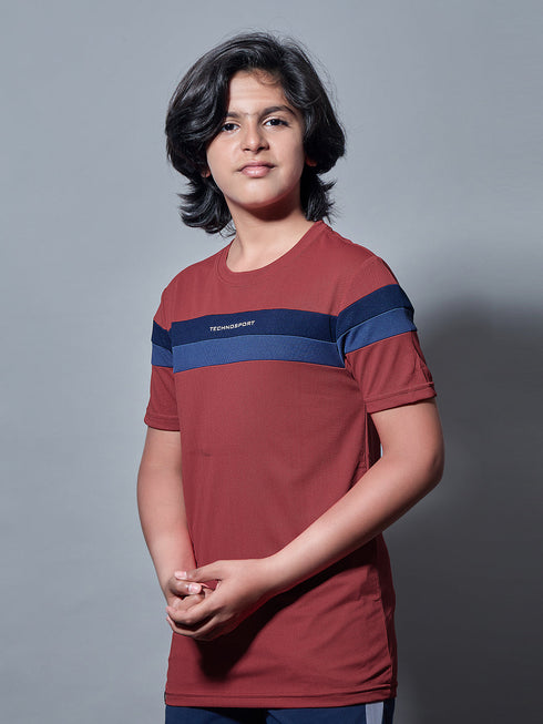 Boys Colorblock Slim Fit Round Neck Sports T-shirt with TECHNO DRY