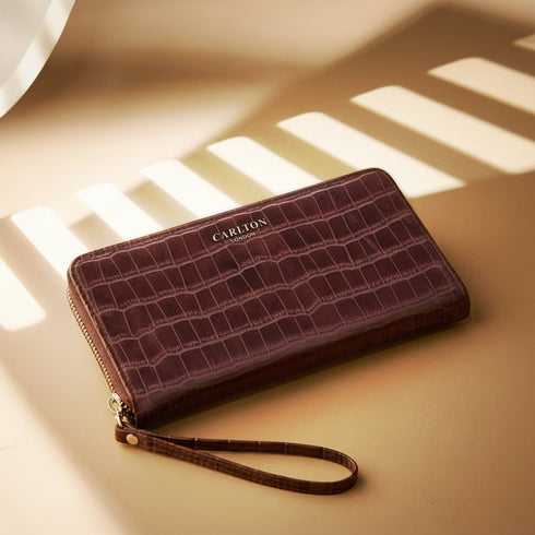 Carlton London Brown Croc Textured Zip Around Wallet With Detachable Wrist Strap CLHB 28