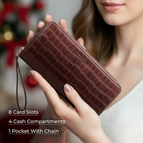 Carlton London Brown Croc Textured Zip Around Wallet With Detachable Wrist Strap CLHB 28