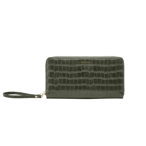 Carlton London Olive Croc Textured Zip Around Wallet With Detachable Wrist Strap CLHB 29