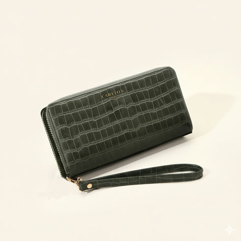Carlton London Olive Croc Textured Zip Around Wallet With Detachable Wrist Strap CLHB 29