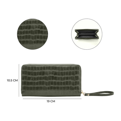 Carlton London Olive Croc Textured Zip Around Wallet With Detachable Wrist Strap CLHB 29