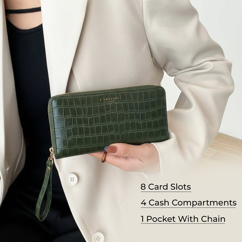 Carlton London Olive Croc Textured Zip Around Wallet With Detachable Wrist Strap CLHB 29