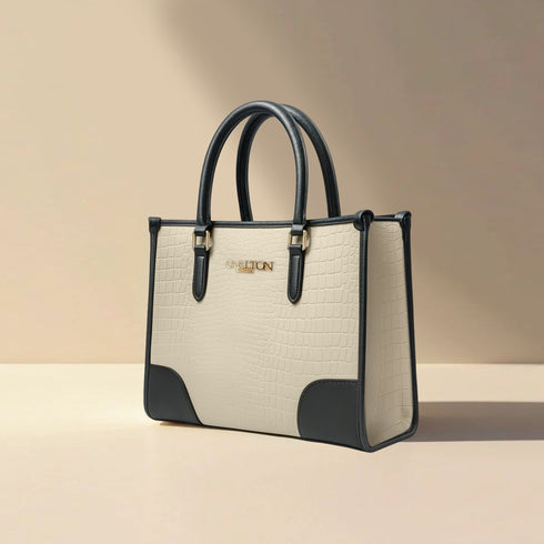 Carlton London Cream Black Croc Textured Structured Bag CLLP 817 Cream Black
