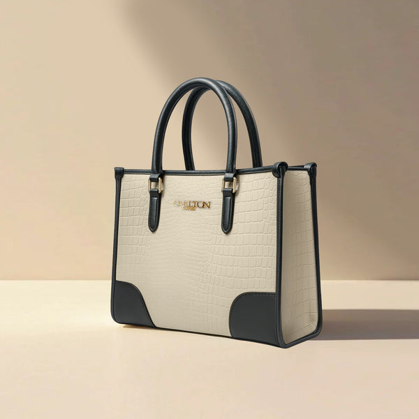 Carlton London Cream Black Croc Textured Structured Bag CLLP 817 Cream Black