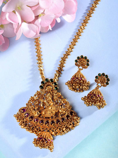 Gold Plated Green AD Embellished Pendant Temple Jewellery Set