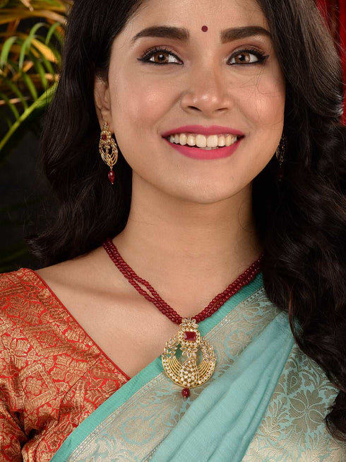 Gold Plated Polki AD studded Red Beads Maala Necklace Set