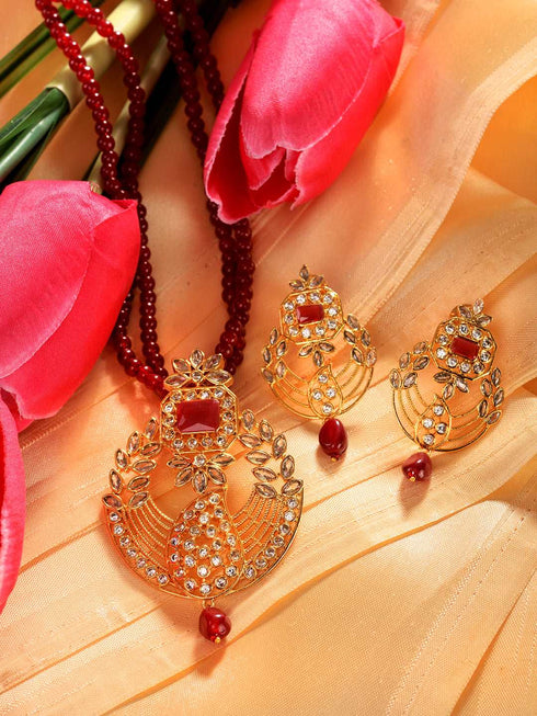 Gold Plated Polki AD studded Red Beads Maala Necklace Set
