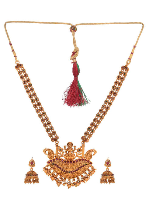 Gold Plated Red Kempo Goddess Lakshmi Deseigner Temple Jewellery Set