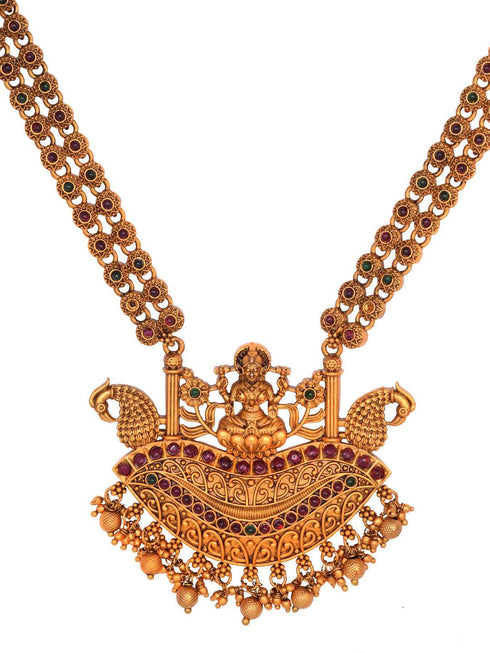 Gold Plated Red Kempo Goddess Lakshmi Deseigner Temple Jewellery Set