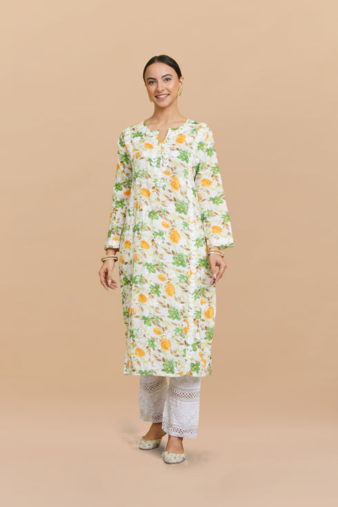 Saba Chikankari Kurta in Mul cotton in Green Floral