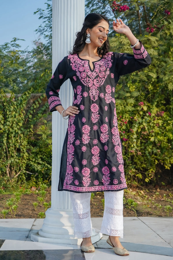 Rayon Chikankari Long Kurta in Black