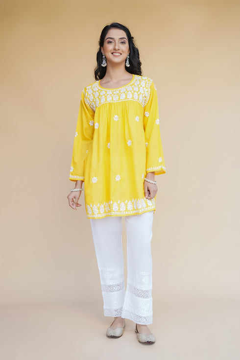 Cotton Chikankari Short Kurta in Yellow