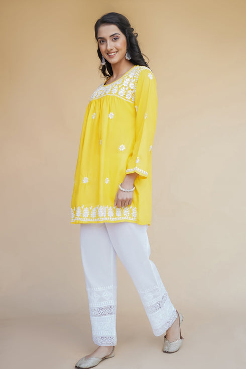Rishita in Cotton Chikankari Short Kurta in Yellow