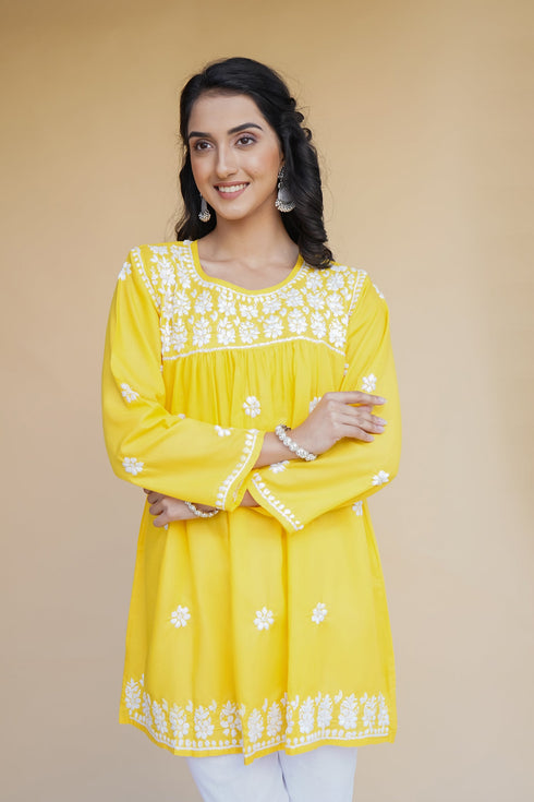 Rishita in Cotton Chikankari Short Kurta in Yellow