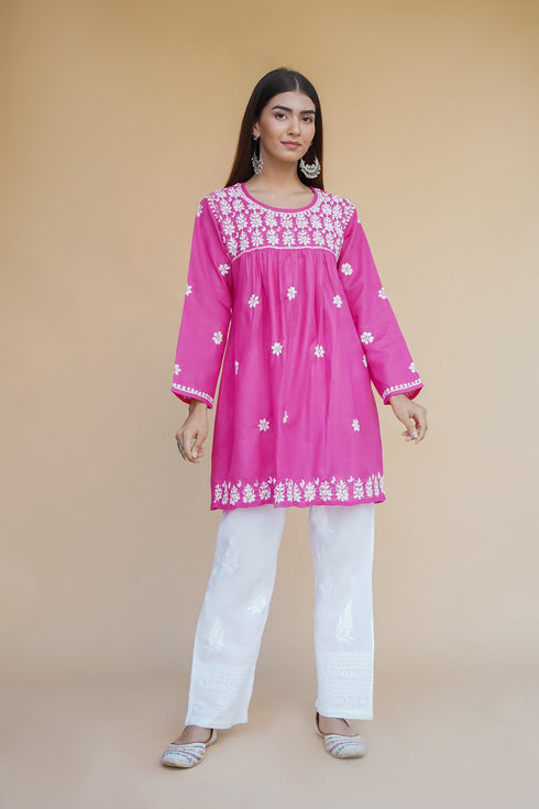 Shagun in Cotton Chikankari Short Kurta in Pink