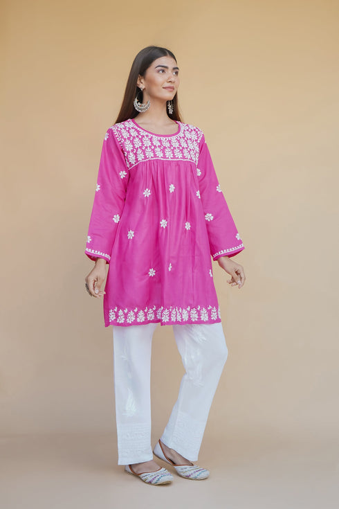Shagun in Cotton Chikankari Short Kurta in Pink