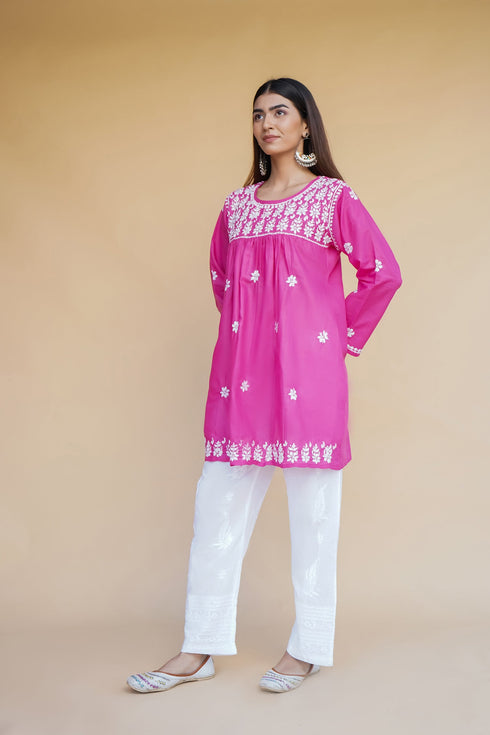 Shagun in Cotton Chikankari Short Kurta in Pink