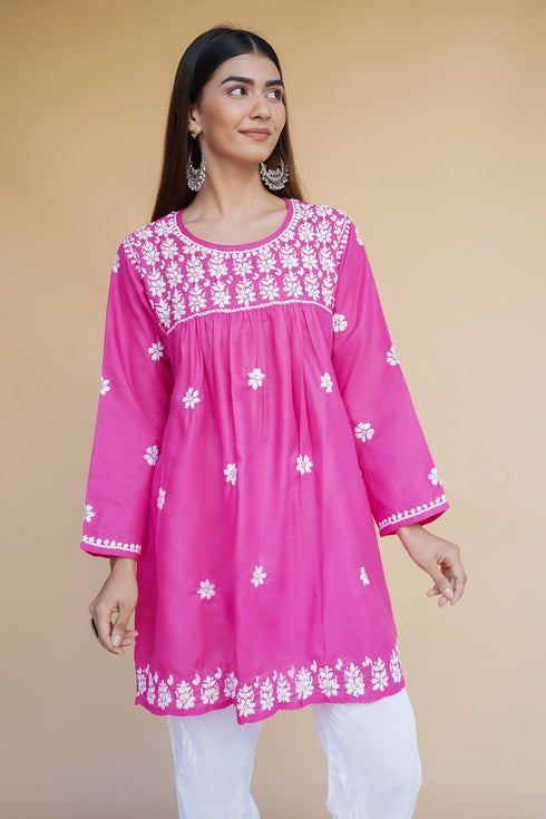 Shagun in Cotton Chikankari Short Kurta in Pink
