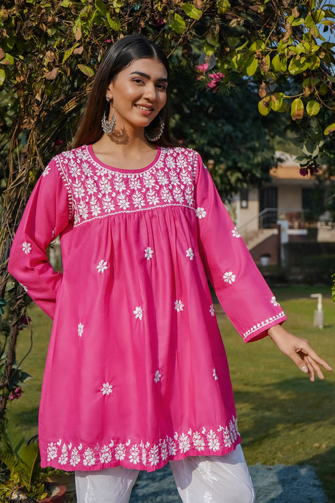 Cotton Chikankari Short Kurta in Pink