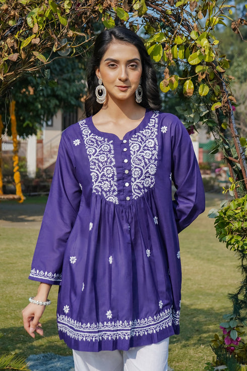 Cotton Chikankari Short Kurta in Navy Blue