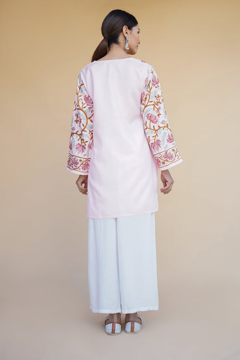 Asmeet in Kashmiri Aari Work Cotton Short Kurta – Pink