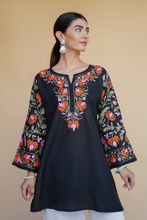 Nidhi in Kashmiri Aari Work Cotton Short Kurta – Black