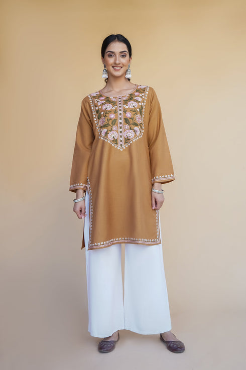 Kashmiri Aari Work Cotton Short Kurta – Brown