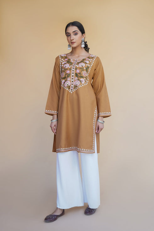 Kashmiri Aari Work Cotton Short Kurta – Brown