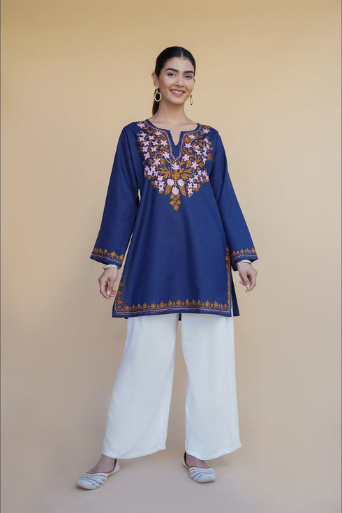 Asna in Kashmiri Aari Work Cotton Short Kurta – Navy Blue