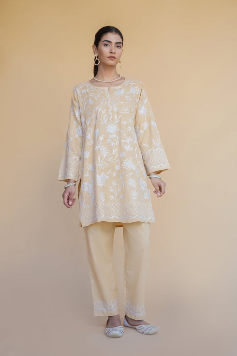 Vanshita in Kashmiri Aari Work Cotton Kurta Set - Beige With White