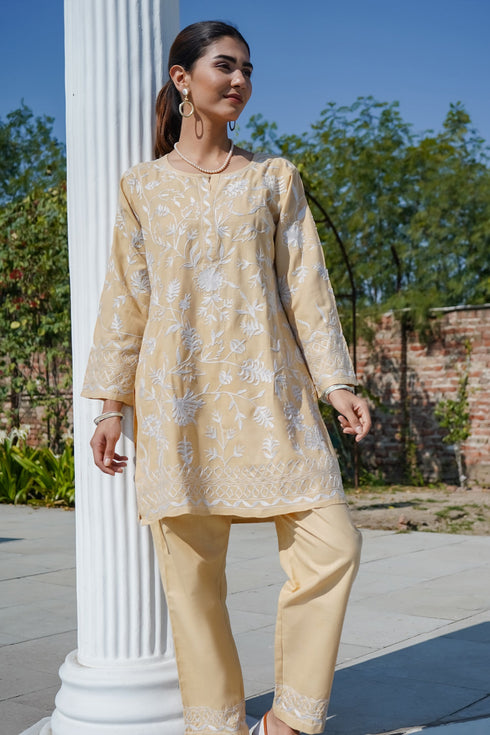 Vanshita in Kashmiri Aari Work Cotton Kurta Set - Beige With White