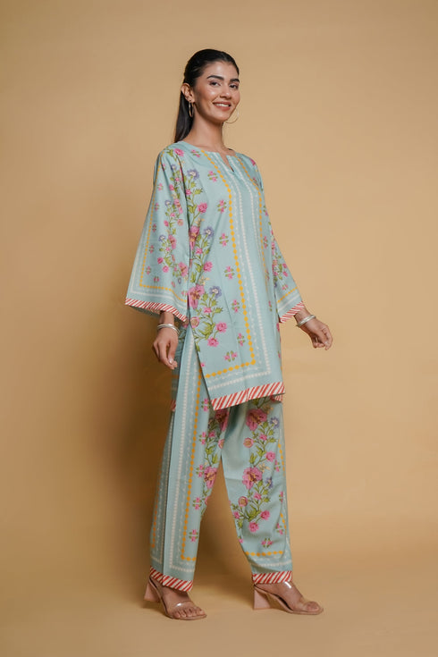Printkari Poly Muslin Co-ord set in Tourquise Green