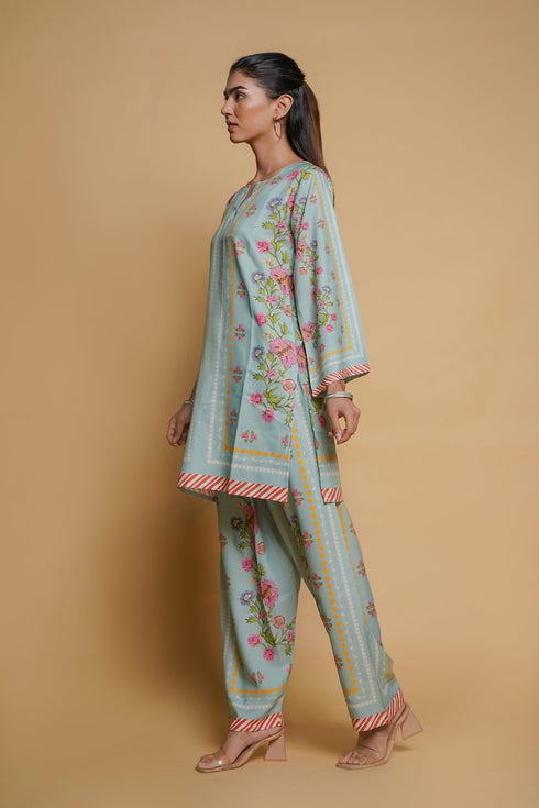 Printkari Poly Muslin Co-ord set in Tourquise Green