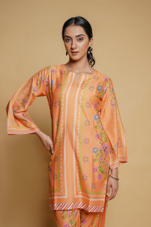 Printkari Poly Muslin Co-ord set in Peach orange