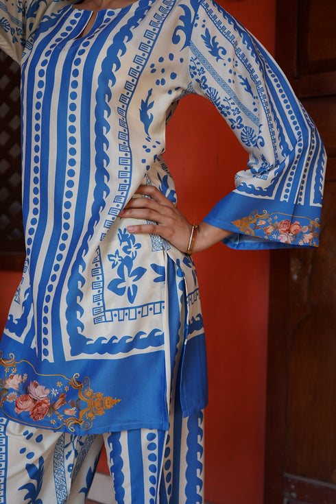 Chandni in Printkari Poly Poly Muslin Co-ord set in Blue