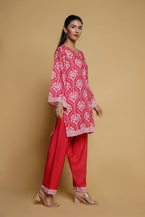 Elisha in Printkari Poly Muslin Co-ord set in Strawberry Red