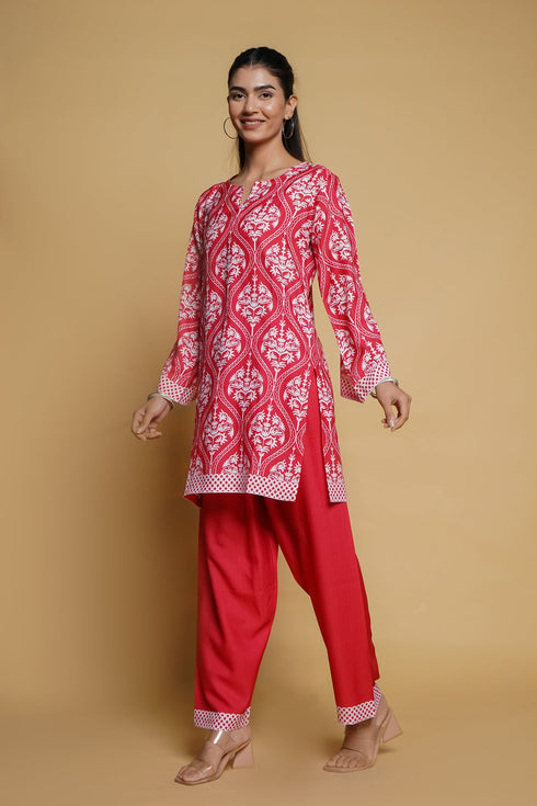 Elisha in Printkari Poly Muslin Co-ord set in Strawberry Red