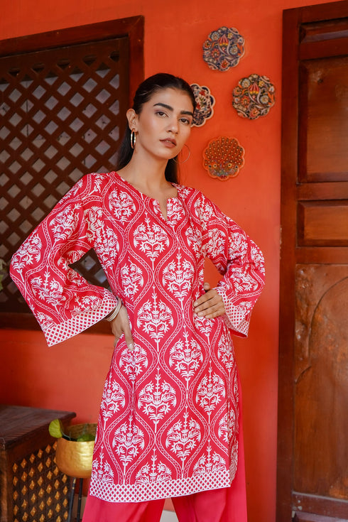 Printkari Poly Muslin Co-ord set in Strawberry Red