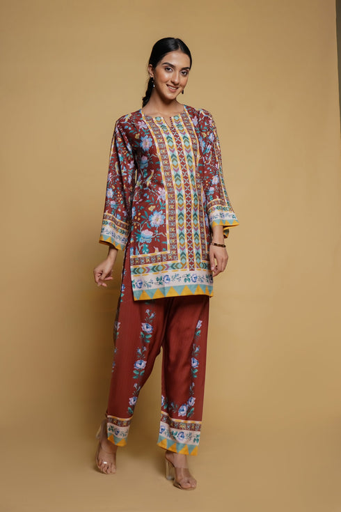 Amisha in Printkari Poly Muslin Co-ord set in Mocha Brown