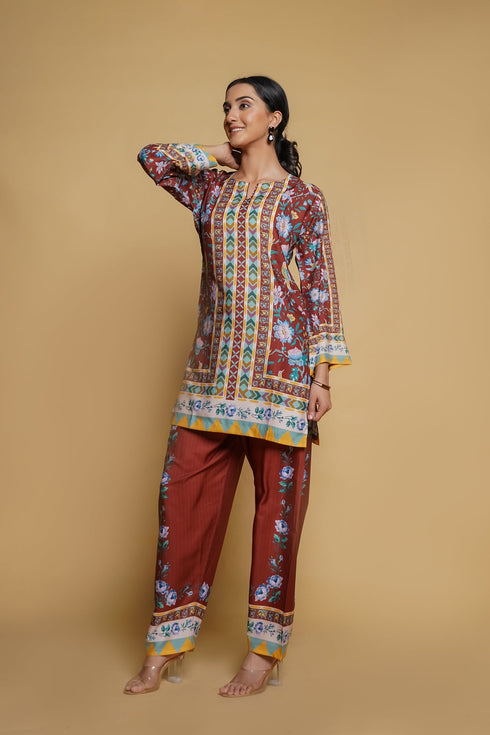 Amisha in Printkari Poly Muslin Co-ord set in Mocha Brown