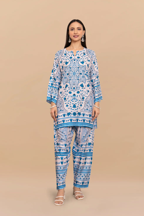 Printkari Poly Muslin Co-ord set in White & Blue