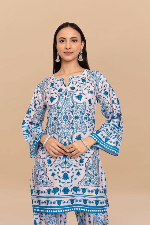 Printkari Poly Muslin Co-ord set in White & Blue